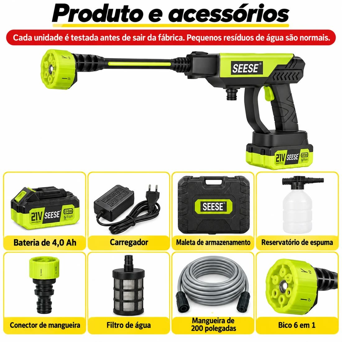 Produto e acessórios que acompanham a lavadora